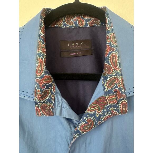Envy Couture 4XL Slim Fit Shirt | Blue Paisley Trim Button-Up Made in Turkey - Picture 3 of 9